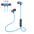 AX-09 Magnetic Sports Bluetooth Headset in blue with charging cable and ear caps