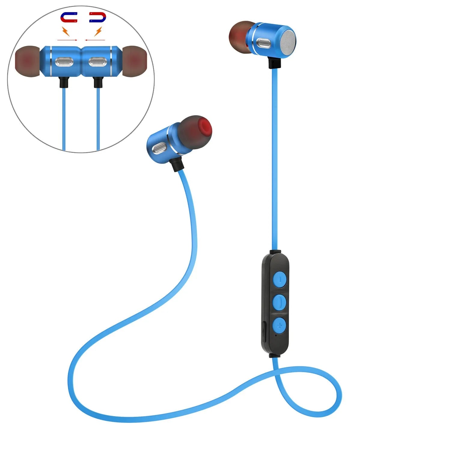 AX-09 Magnetic Sports Bluetooth Headset in blue with charging cable and ear caps