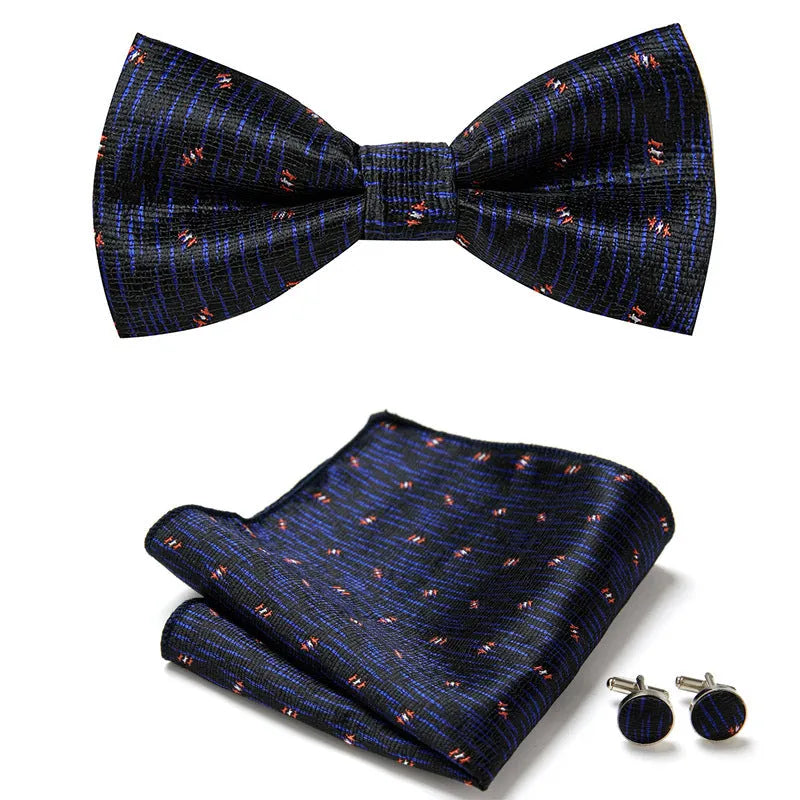 Floral Bow Tie Set of Three Pieces Polyester Yarn Hand-Sewn 12cm by 6cm Bow Tie with Matching Pocket Square 25x25cm and Cufflinks 1.5cm for Men's Formal Wedding and Party Accessories Multistyle Options