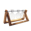 Hydroponic borosilicate glass vase in a wooden swing stand with iron frame, geometric pastoral design for indoor plant display