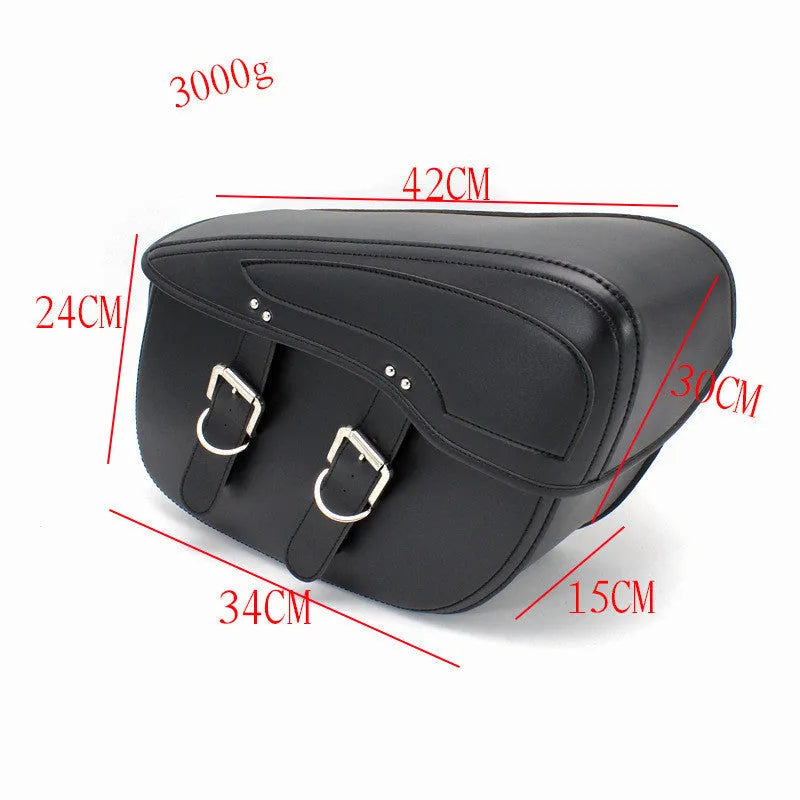 Black retro-style PU leather motorcycle side box saddlebag mounted on a bike.