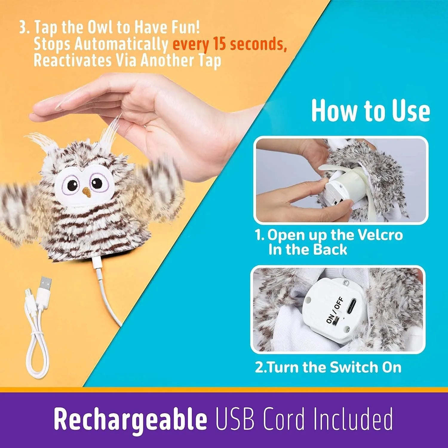 Grey automatic chirping owl cat toy with flapping wings on a floor.
