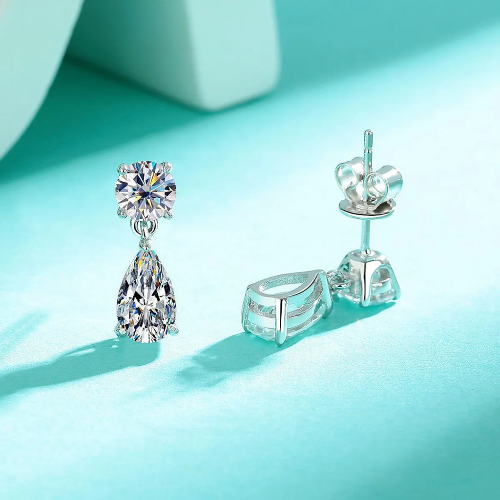 925 sterling silver moissanite stud earrings with round and water drop stones in gold or silver plating