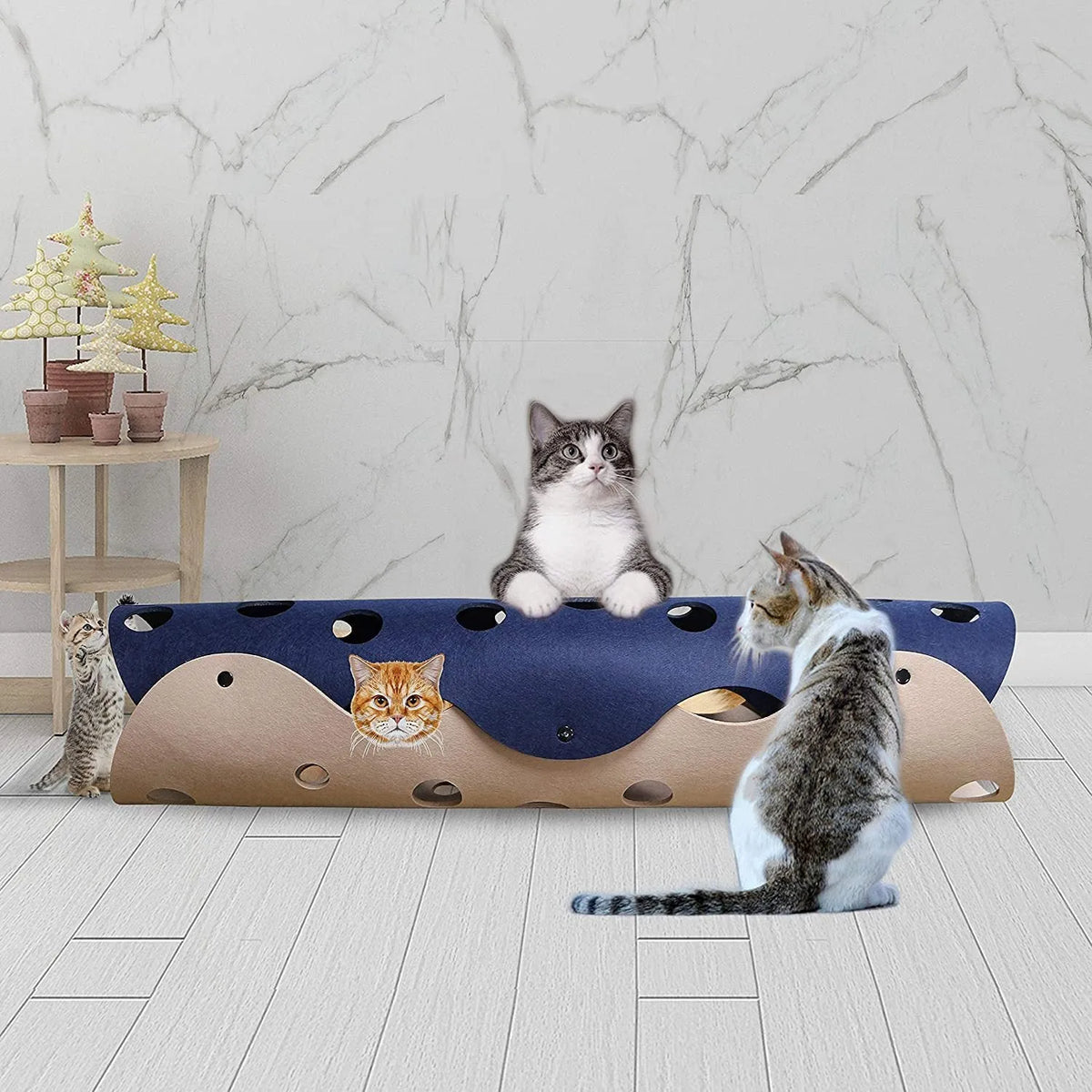 Felt cat tunnel toy 92x22cm with peepholes and two-tone surface, collapsible interactive pet toy