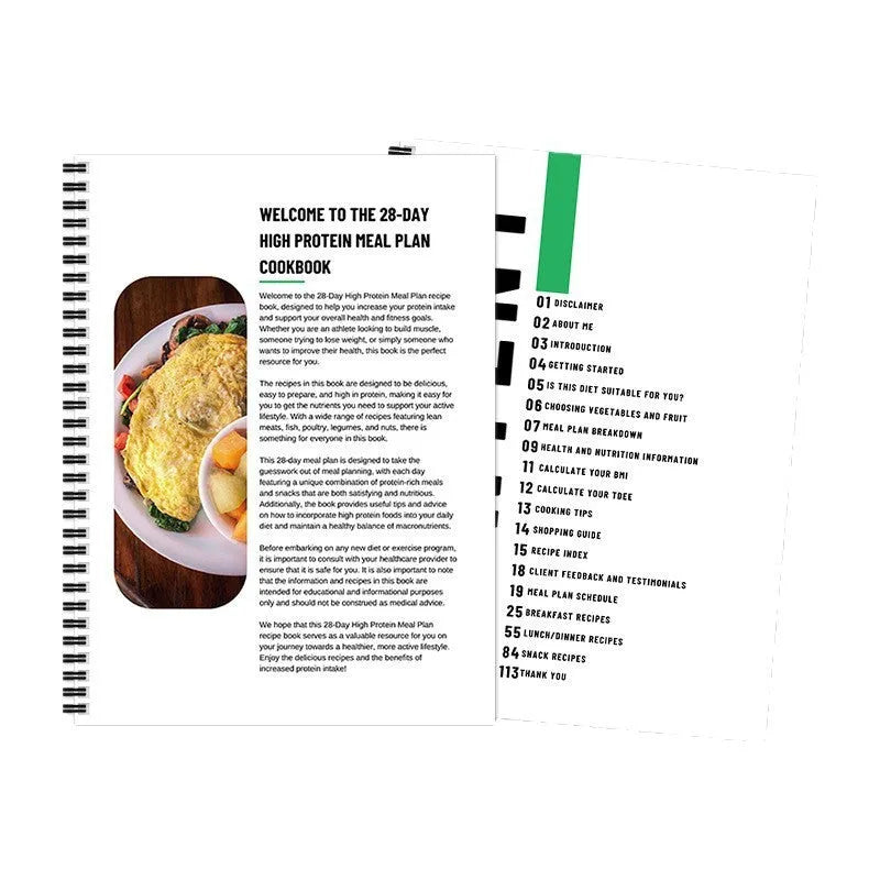 28-day high-protein diet plan book in paper, 21cm x 28.5cm, cover colour 28Day Dietary Plan