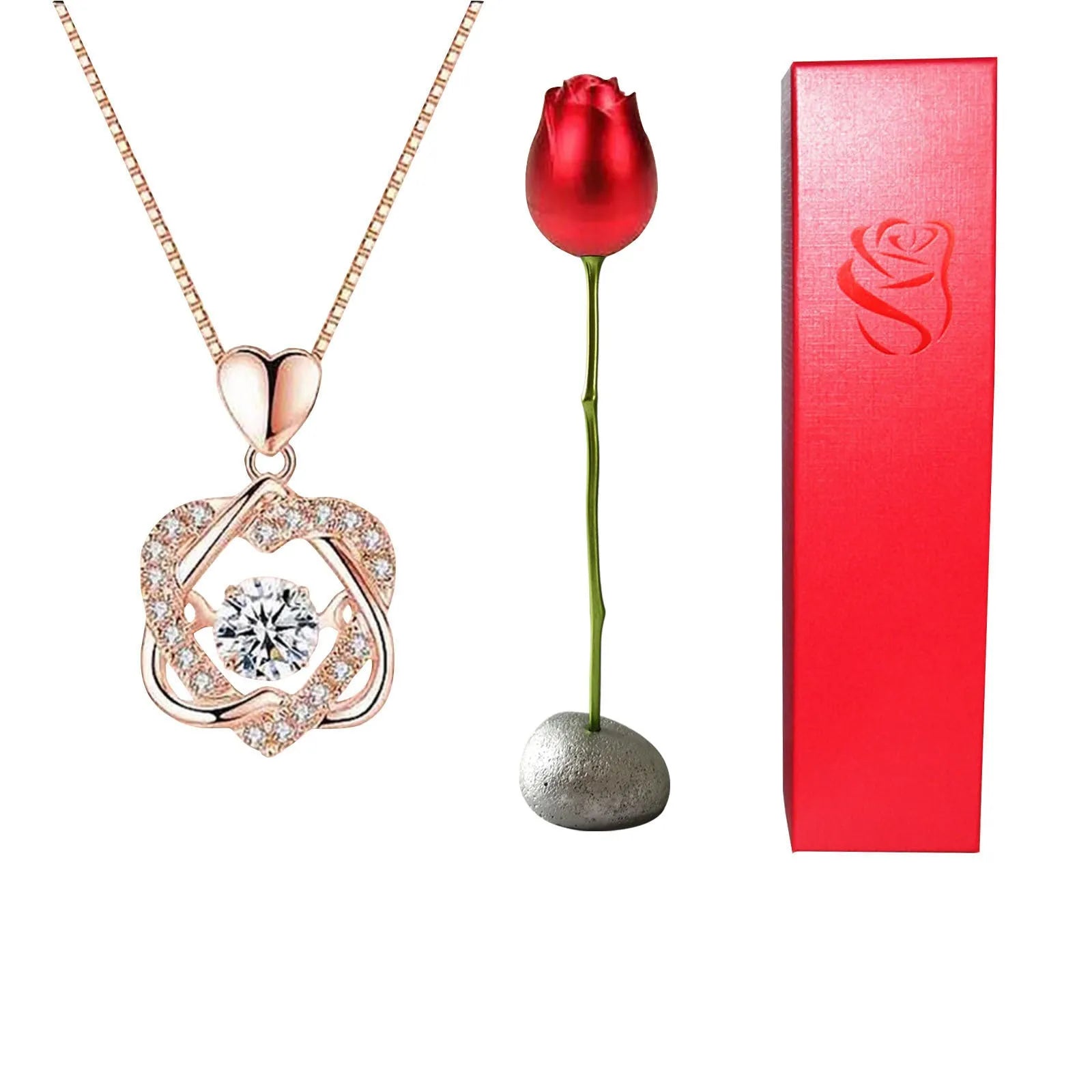 Heart-shaped crystal diamond rose pendant necklace in copper with electroplated finish, rose box packaging
