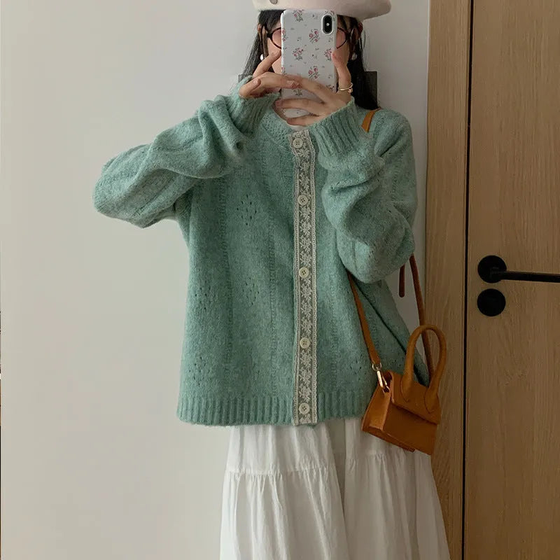 Korean art retro sweater coat in viscose fibre with loose fit, shown in apricot colour option