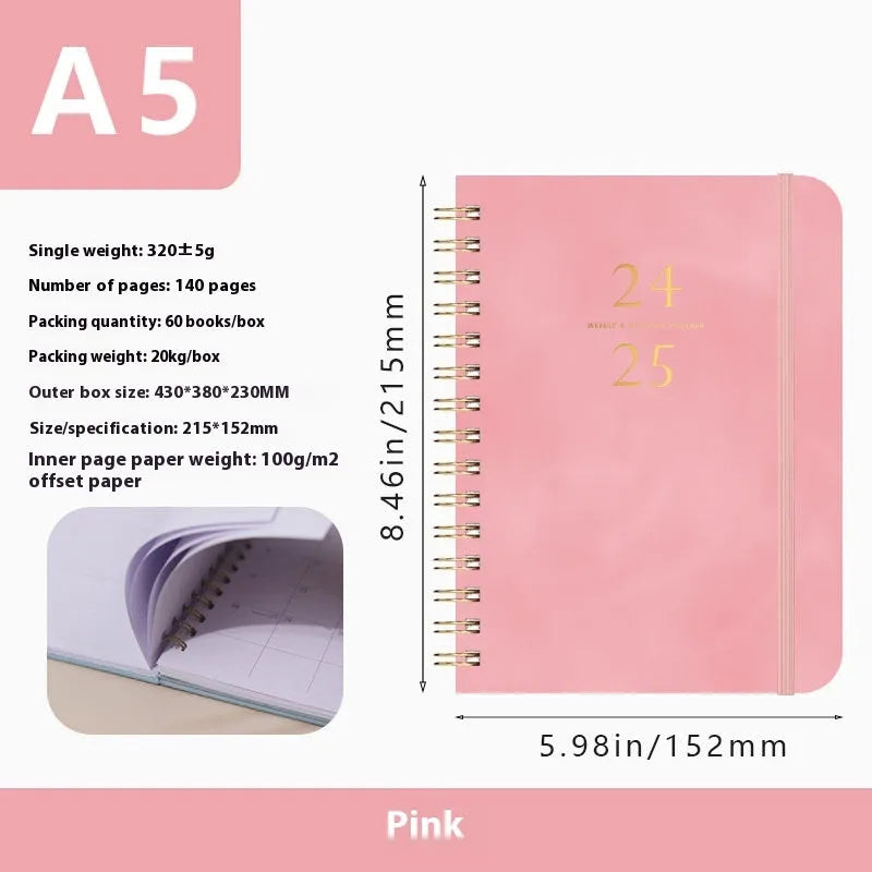 A5 leather notebook with metal coil binding in various colours including black, blue, and green.