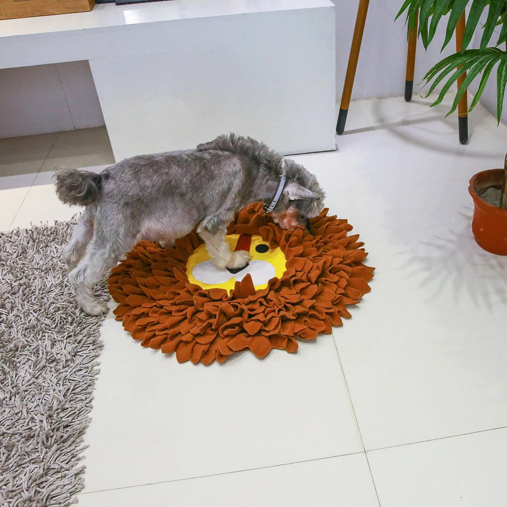 Brown lion-shaped fabric snuffle mat pet toy for dogs and cats
