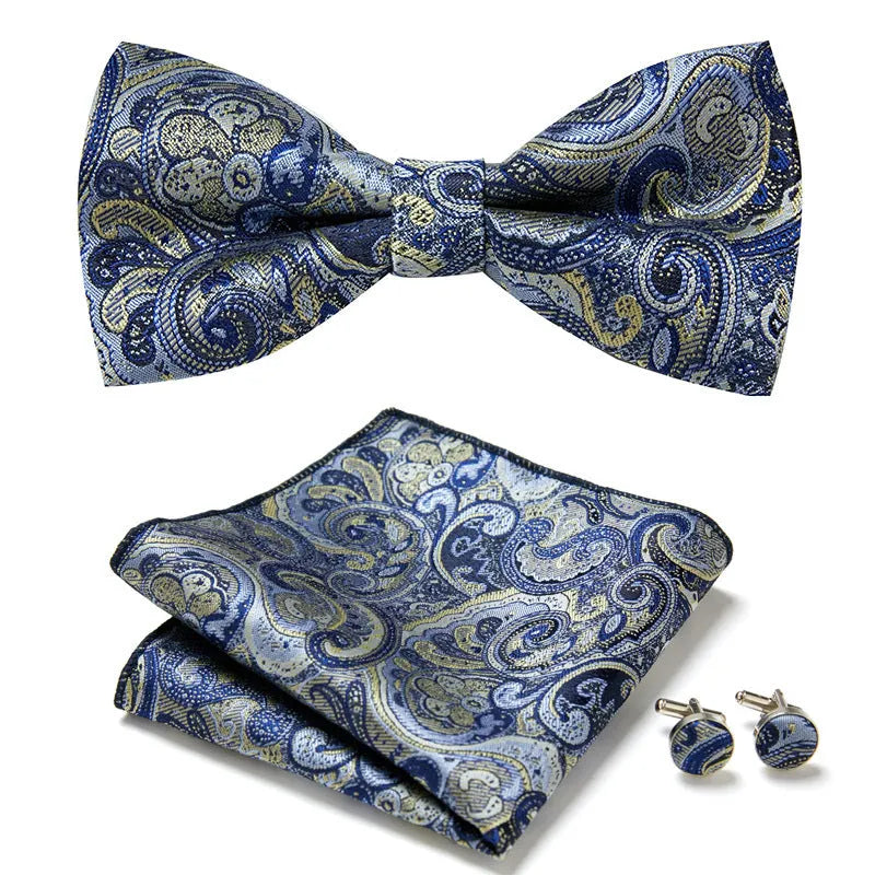 Floral Bow Tie Set of Three Pieces Polyester Yarn Hand-Sewn 12cm by 6cm Bow Tie with Matching Pocket Square 25x25cm and Cufflinks 1.5cm for Men's Formal Wedding and Party Accessories Multistyle Options
