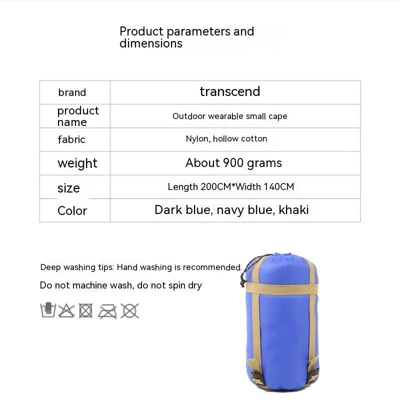 Outdoor cloak sleeping bag in grey laid out flat showing its 200x140cm rectangular shape.