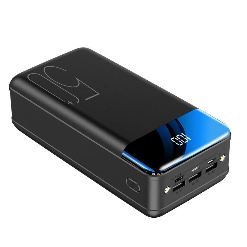 Large 50000mAh power bank in black or white with three charging ports and polymer lithium-ion cells