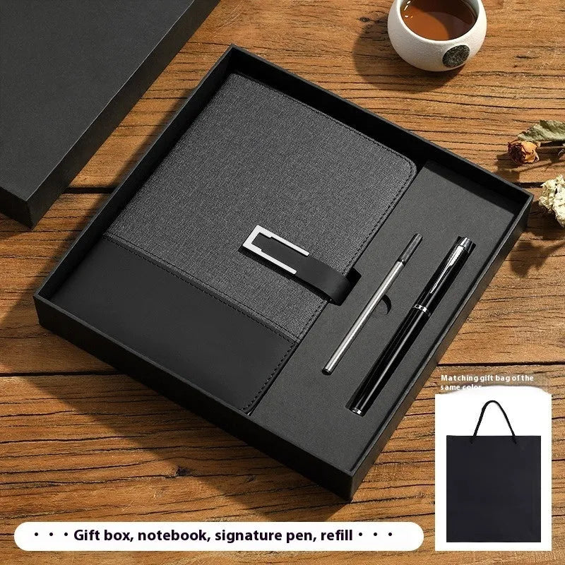 A5 leather notebook in choice of colours with gift box, open to show wood-free paper.