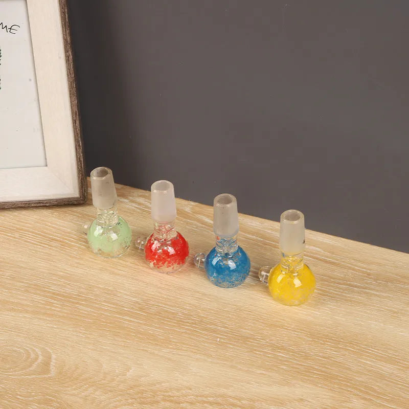 A 7cm geometric trumpet-shaped glass tobacco pipe in transparent blue, green, red, or yellow.