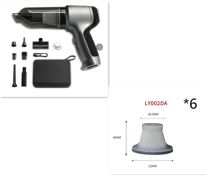 Handheld cordless vacuum cleaner unit for use in cars and homes, showing its portable design.