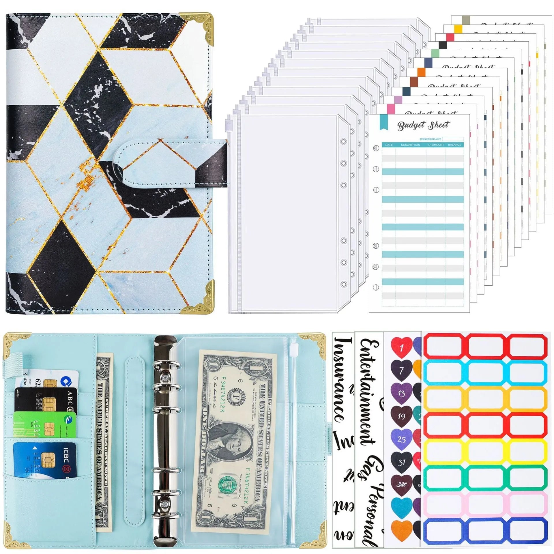 A6 loose-leaf budget notebook with UV blue gray printed cover, ring binder, and budget cards set
