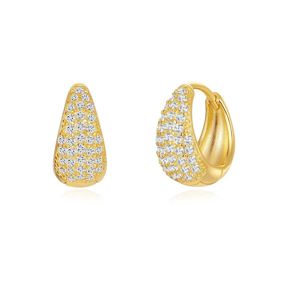 Golden brass diamond earclip earrings with geometric shape and round decorative elements