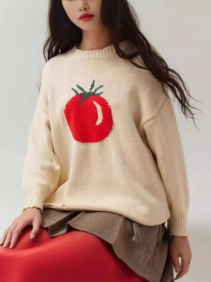 Women's milky white round neck jacquard knit acrylic sweater on a hanger.