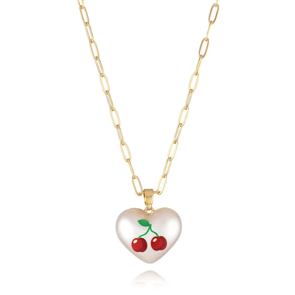 Geometric heart pendant necklace with fruit charm on adjustable 21-50cm chain