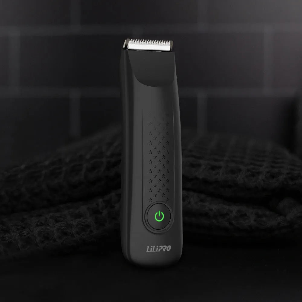Black rechargeable men's body hair shaver with ceramic blade, waterproof body, USB cable, and limit comb.