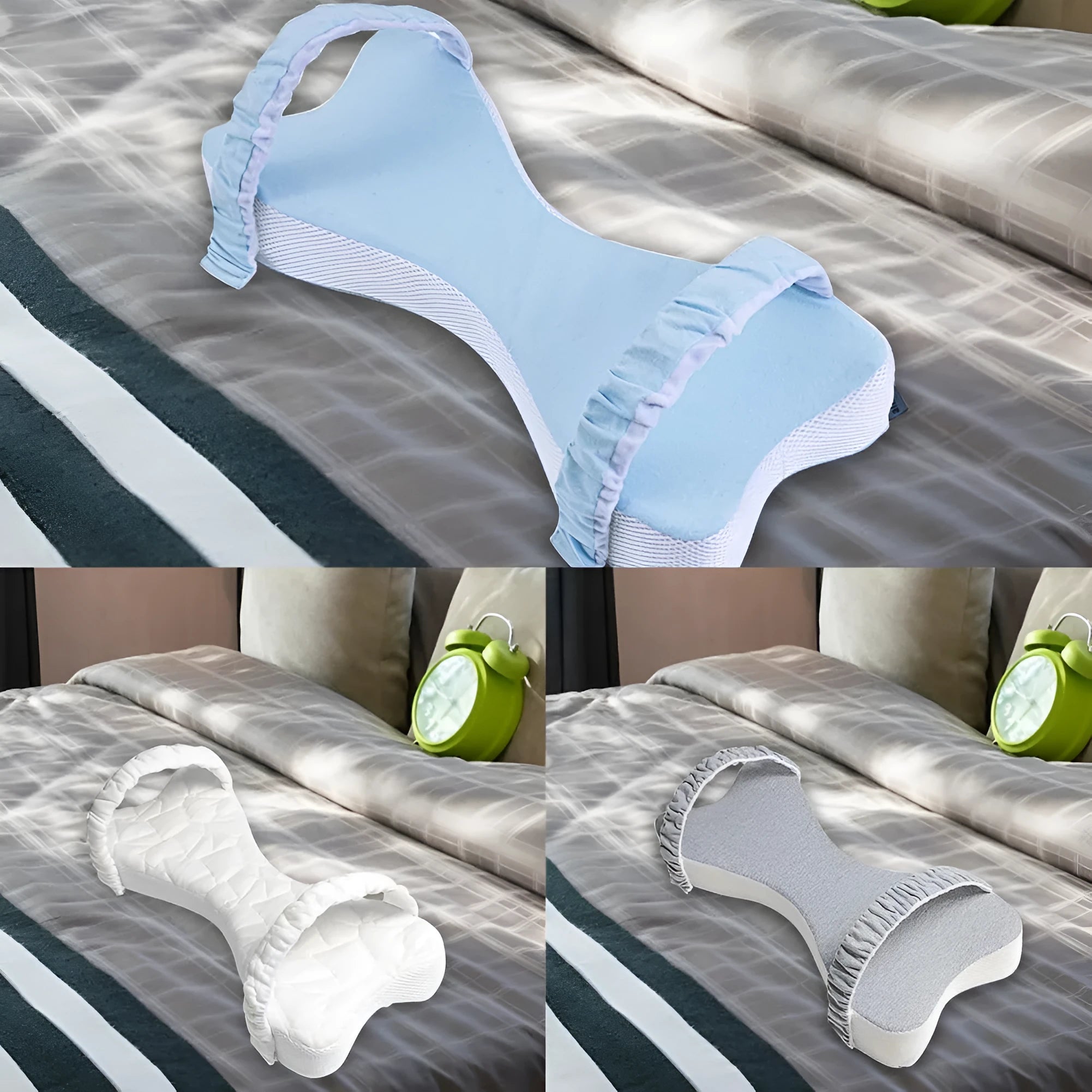 Memory cotton side sleeping knee pillow in light grey on a bed, 70x37x9cm with adjustable core height