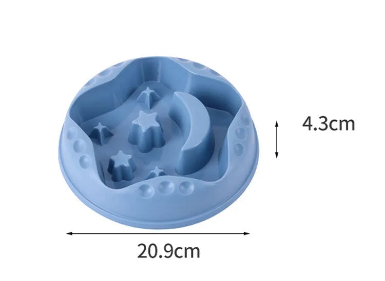 Moon Star Wings design large blue slow feeder dog bowl with raised centre on a white background