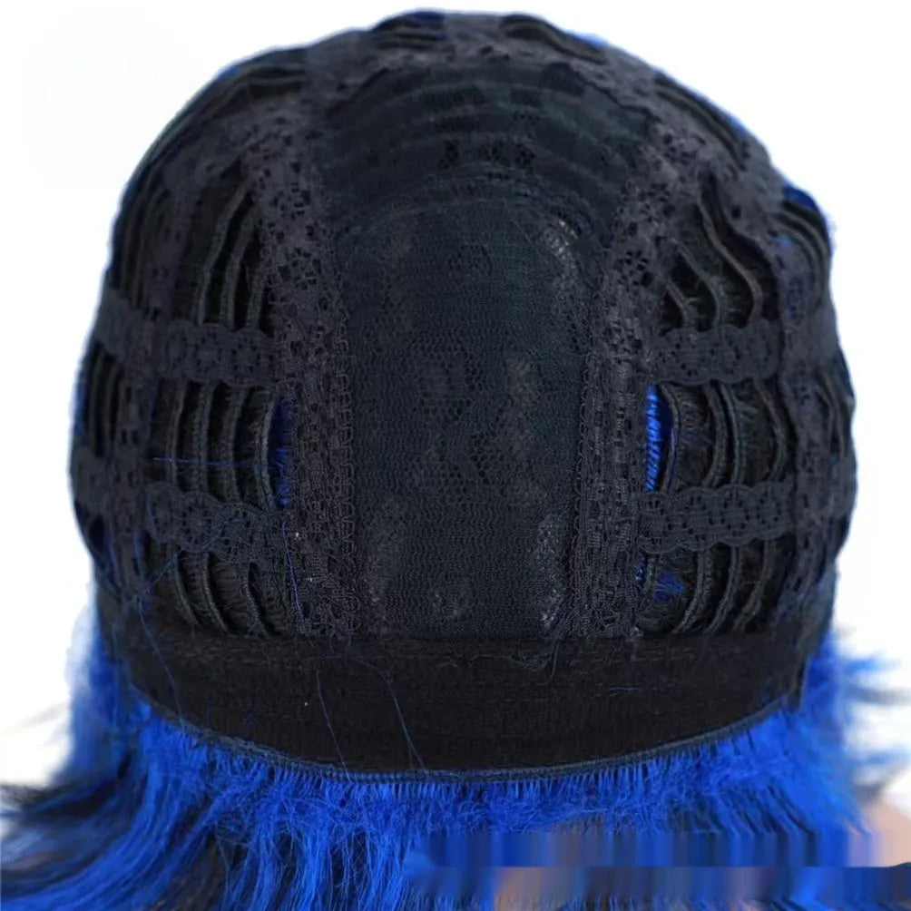 Short bangs synthetic wig in mixed 1B Blue Japanese silk fibre with non-hot dyed colour