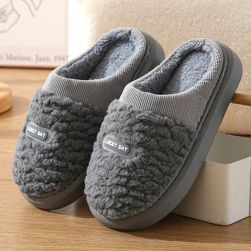 Men's grey and brown plaid winter slippers with rabbit hair upper and EVA sole