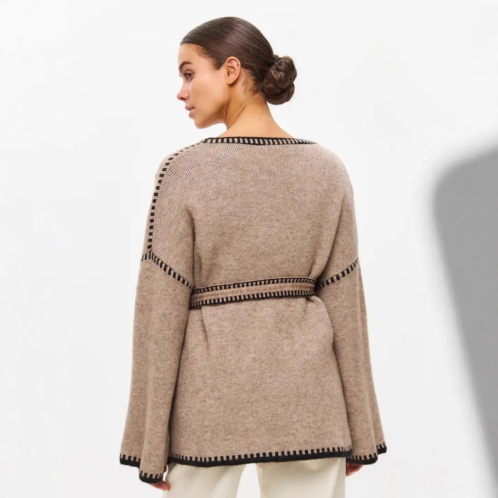 Loose fit knitted cardigan sweater coat in camel colour with long sleeves