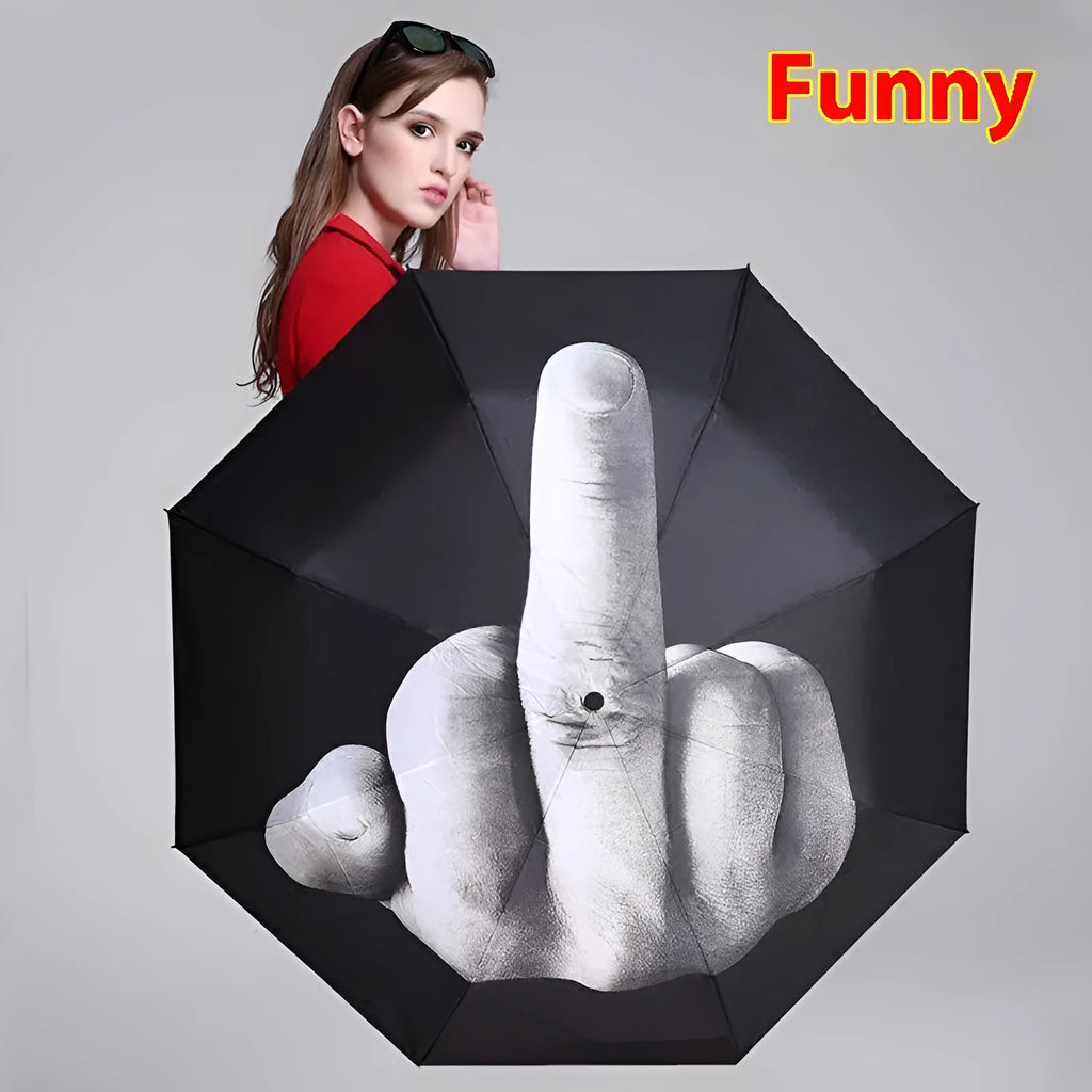Tri-fold folding umbrella showing eccentric gesture pattern with iron frame and plastic handle