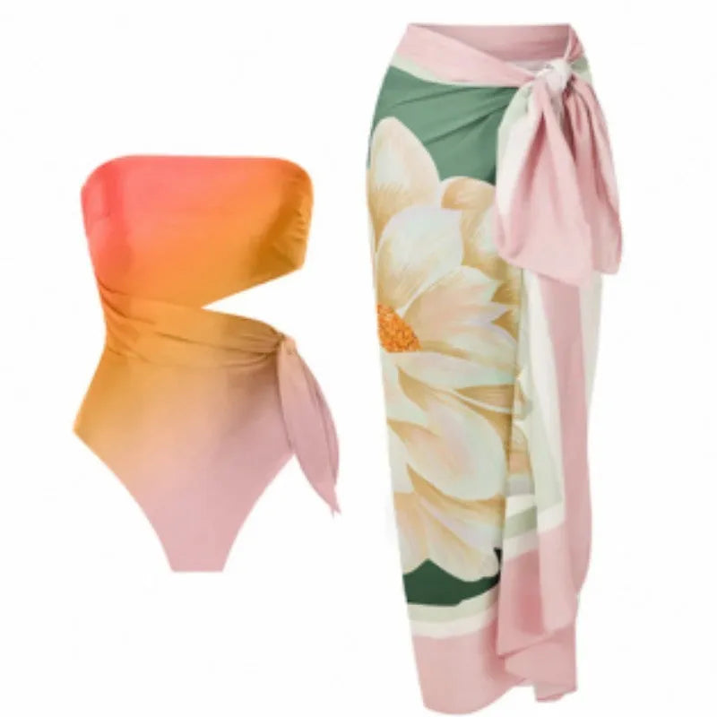 Women's French-style retro printed one-piece swimsuit in polyester fabric