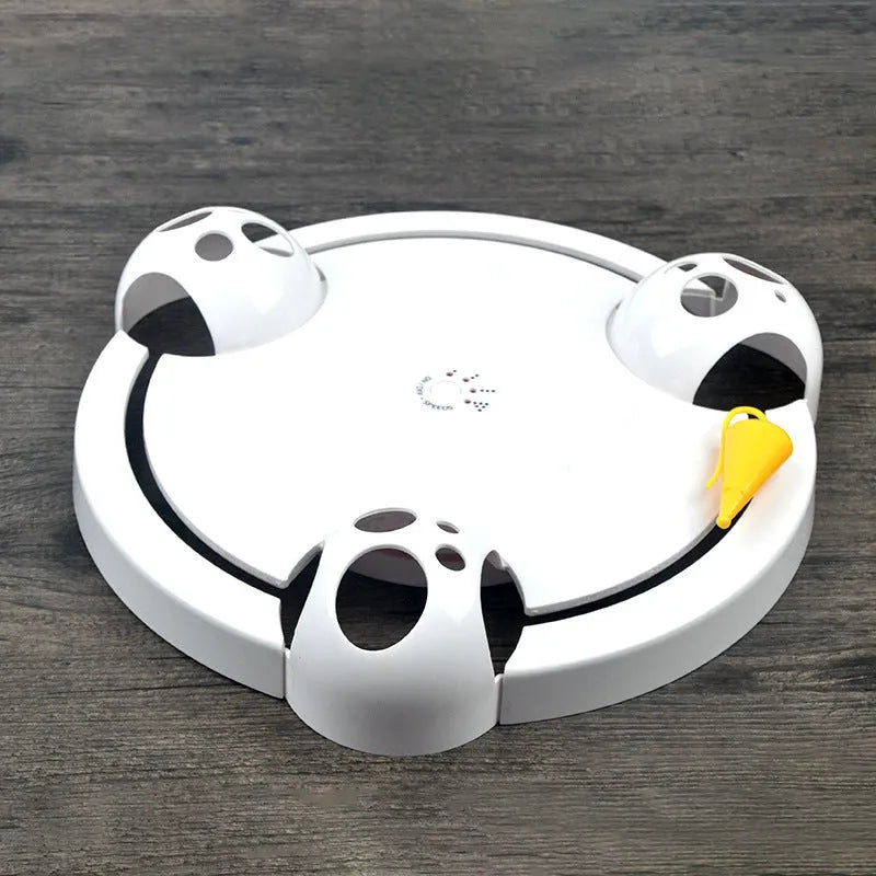 White electric cat turntable toy, 32cm diameter, with mouse-catching element on a flat floor