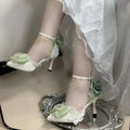 Handmade flower and bow wedding high heels in PU with 6cm or 8cm short stout heel, round toe, sizes 34-39