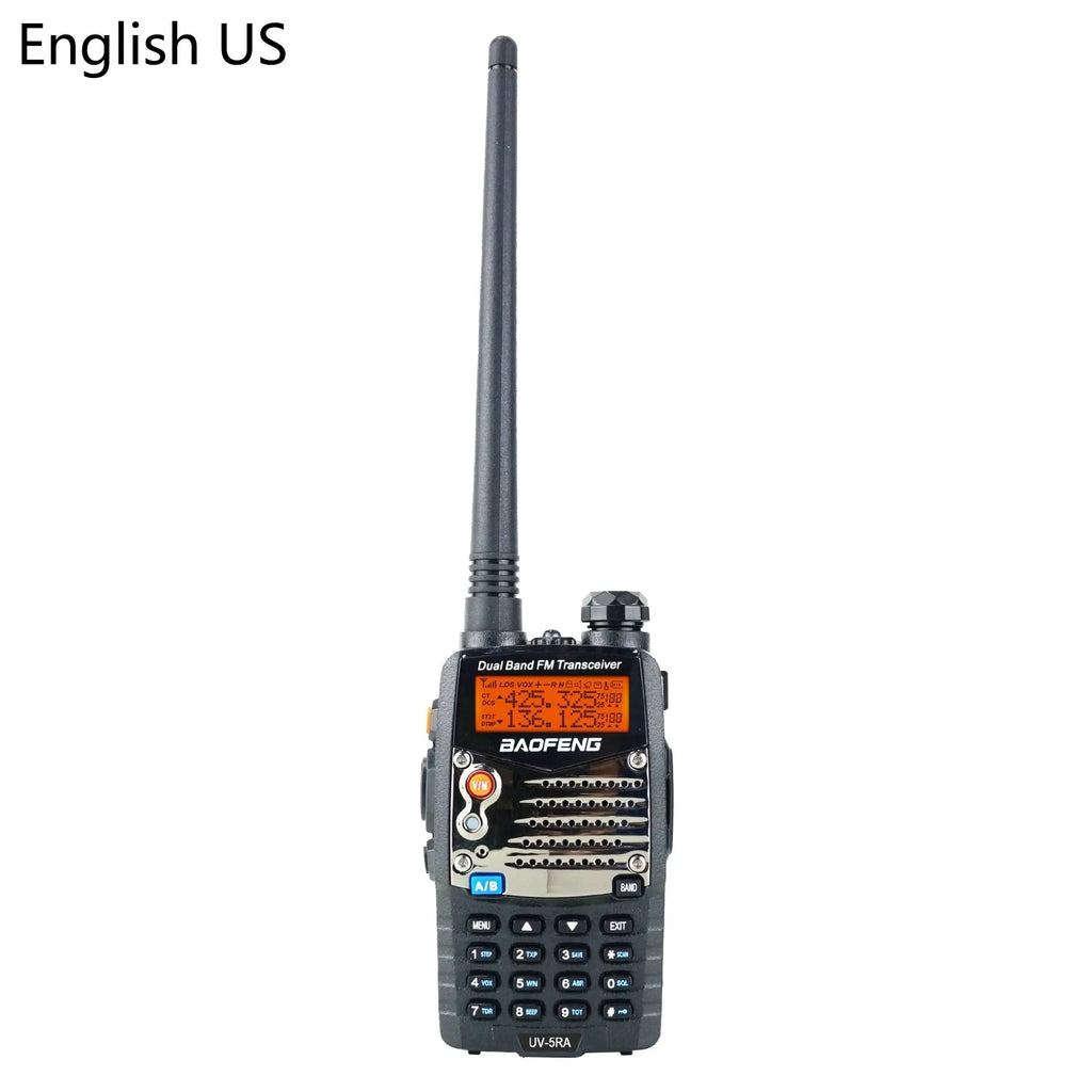 Baofeng UV-5RA handheld dual band two-way radio on a grey background.