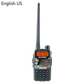 Baofeng UV-5RA handheld dual band two-way radio on a grey background.