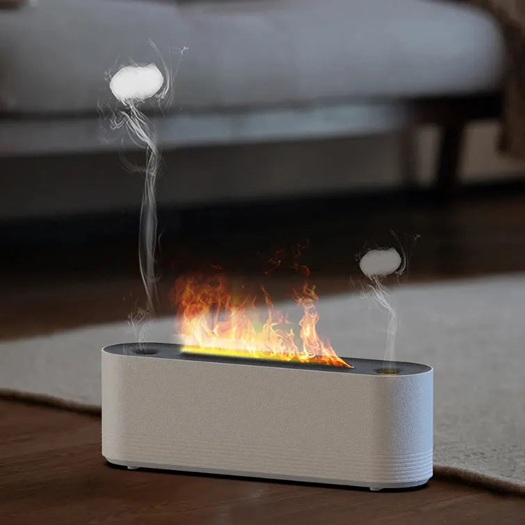 Black Flame Air ultrasonic humidifier diffuser with LED flame lights and mist output on a wooden table.