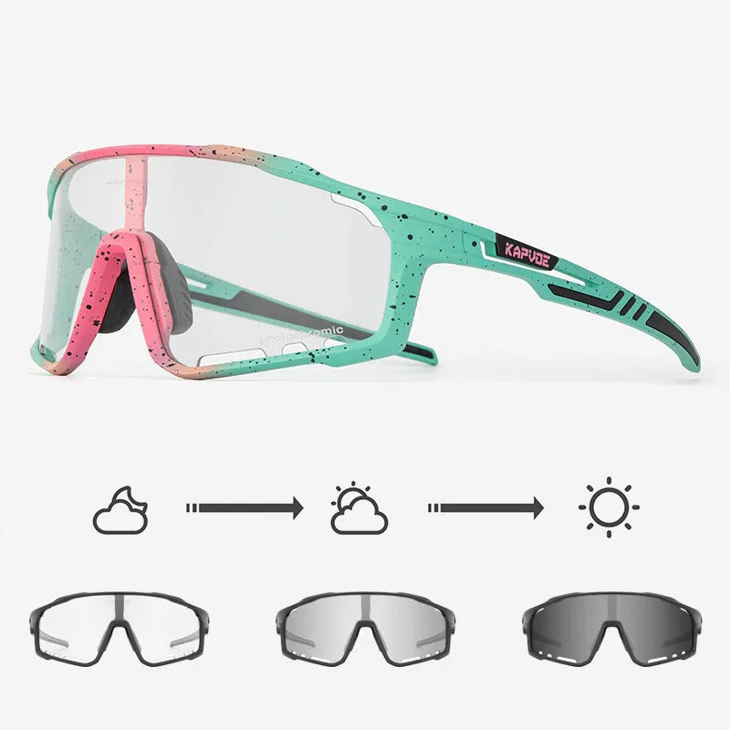Photochromic cycling sunglasses with a semi-rimless TR90 frame in multiple colour options.