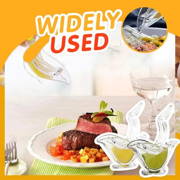 Transparent acrylic bird shaped manual lemon juicer with dimensions 12x3.5x5.1cm on a clean countertop