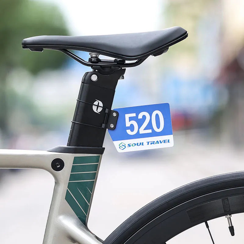 Bicycle competition number plate bracket with leather rings and tool for round tube or cracked duct mounting