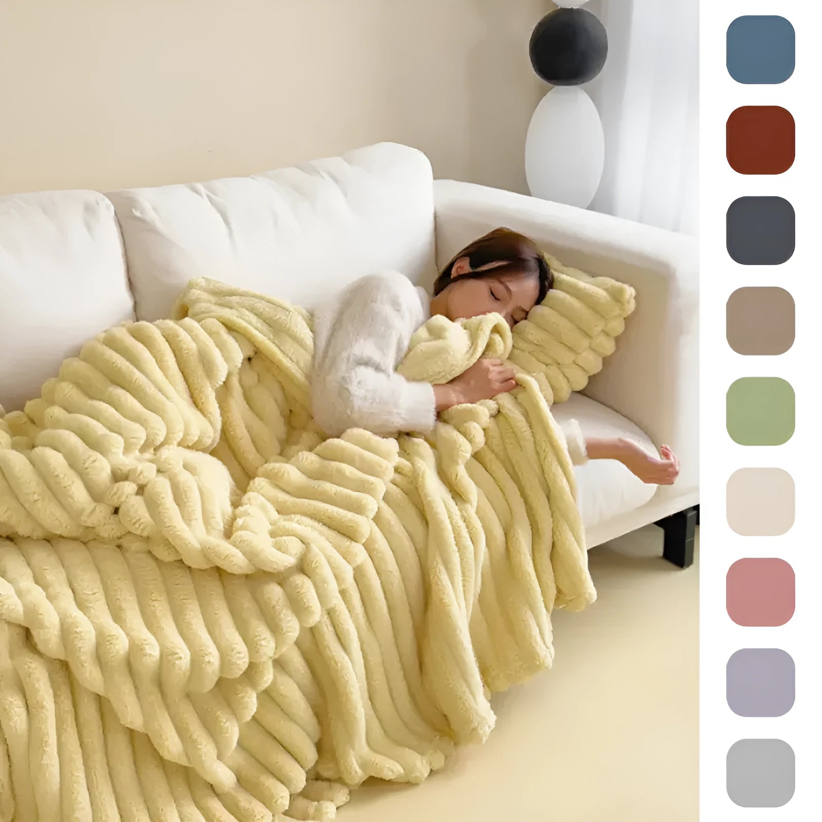 Solid colour bubble velvet faux rabbit fur blanket with double-sided thickening on a couch