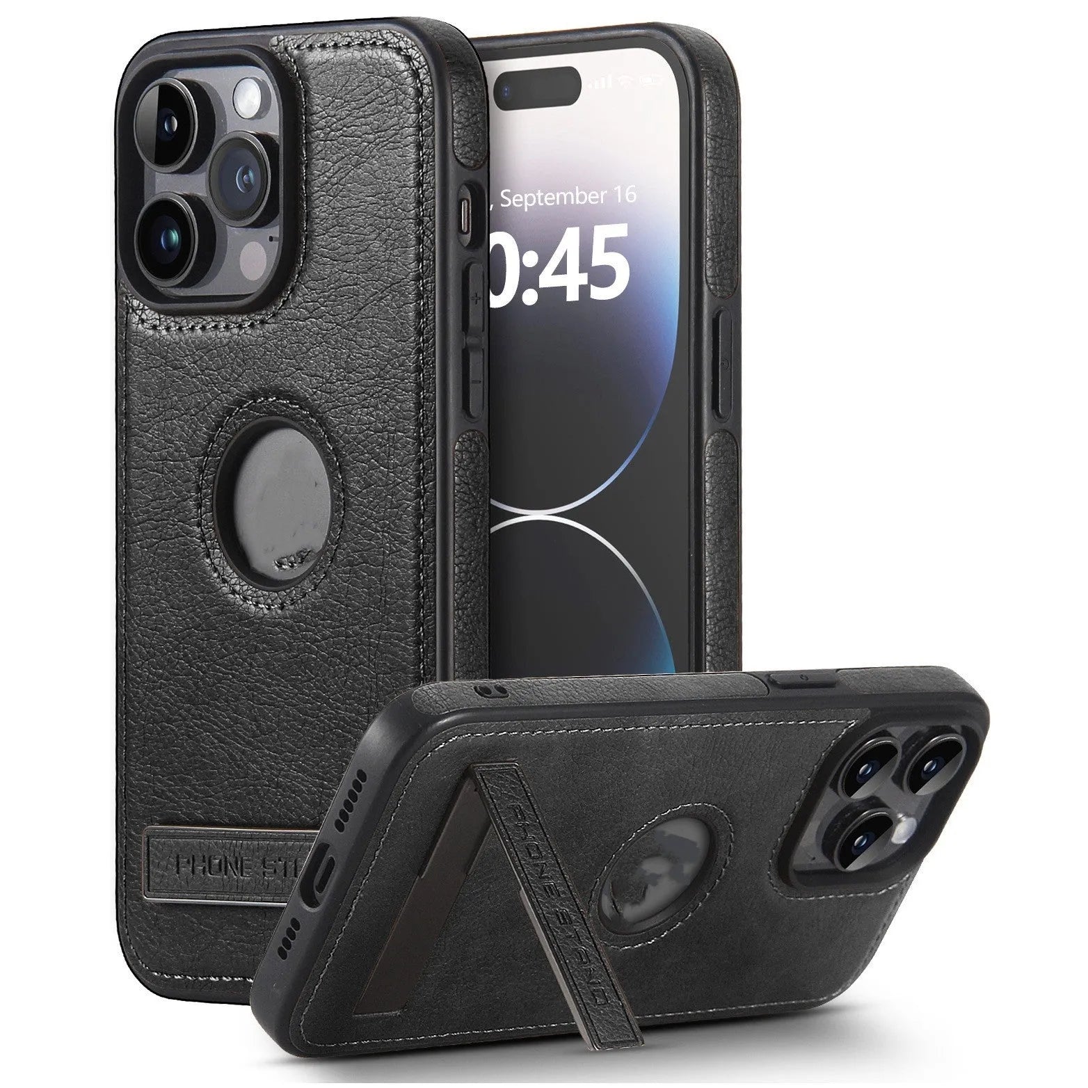 Black leather pattern bracket phone case for iPhone with built-in kickstand