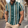 Casual striped printed short sleeve shirt for men with lapel collar and button front in olive green