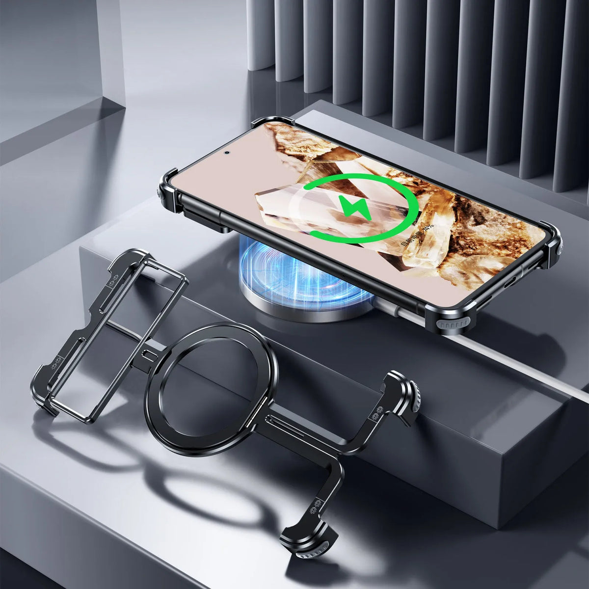 Black aluminium alloy phone case with metal magnetic bracket for Google Pixel9 Pro Fold, rotatable stand, hollow design