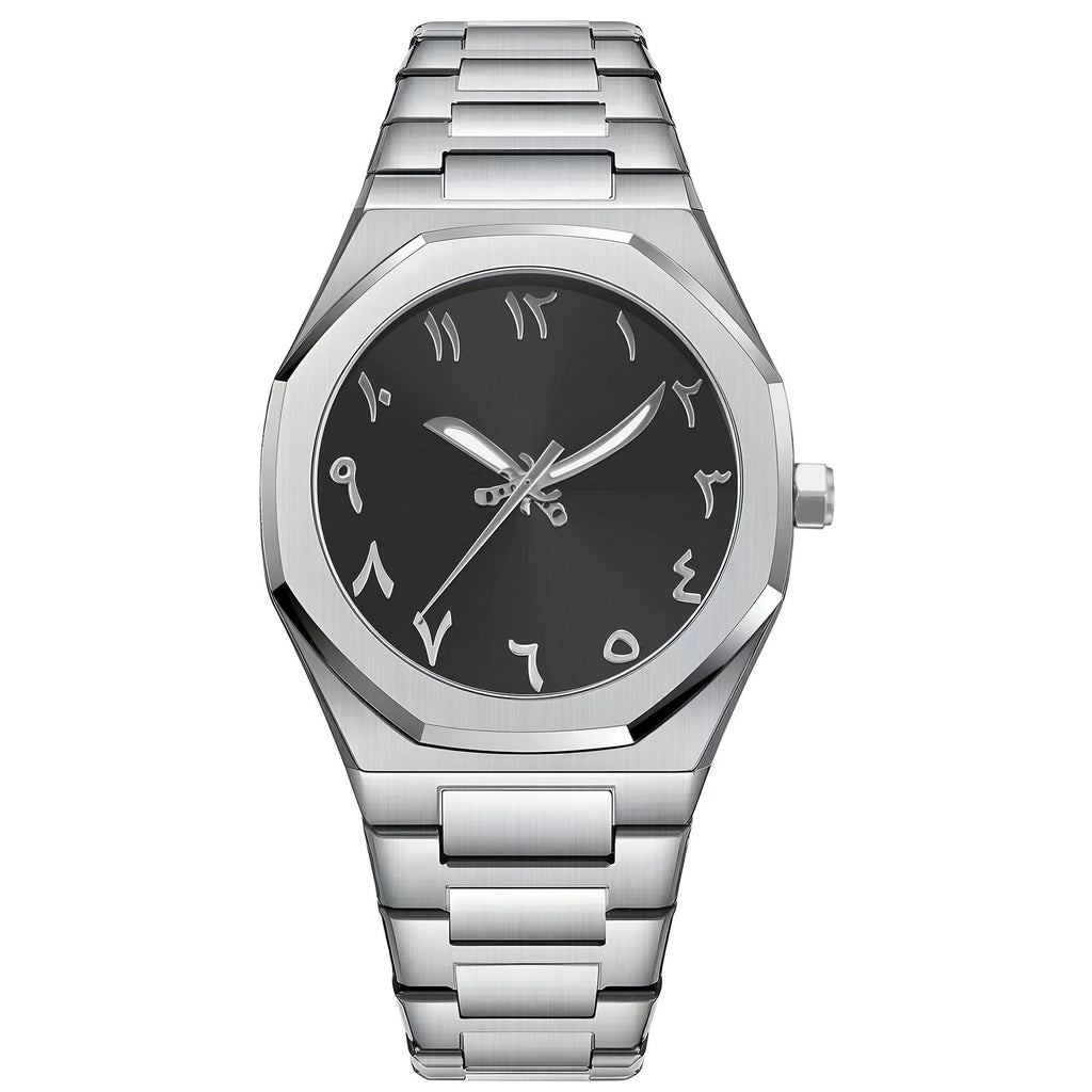 Men's business casual quartz watch with stainless steel band in black and silver colour options.