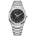 Men's business casual quartz watch with stainless steel band in black and silver colour options.