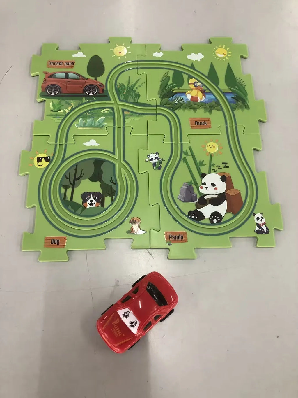 Children puzzle electric railroad speeder DIY track set with automatic car on grooved rails