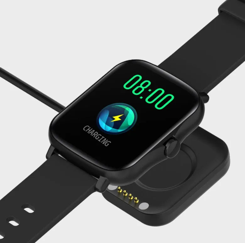 Smart sports watch with blue strap and 1.7-inch colour touch screen displaying time and heart rate.