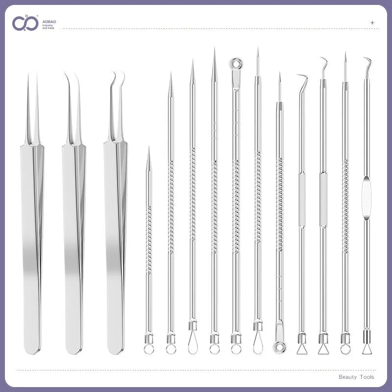 Silver-coloured metal 4-piece acne needle set with ultra-fine pointed tips on a white background.