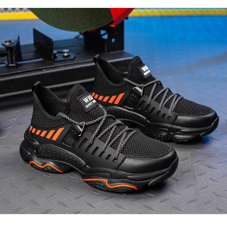 Black safety protection shoes with steel toe cap and flat knitted uppers for industrial work