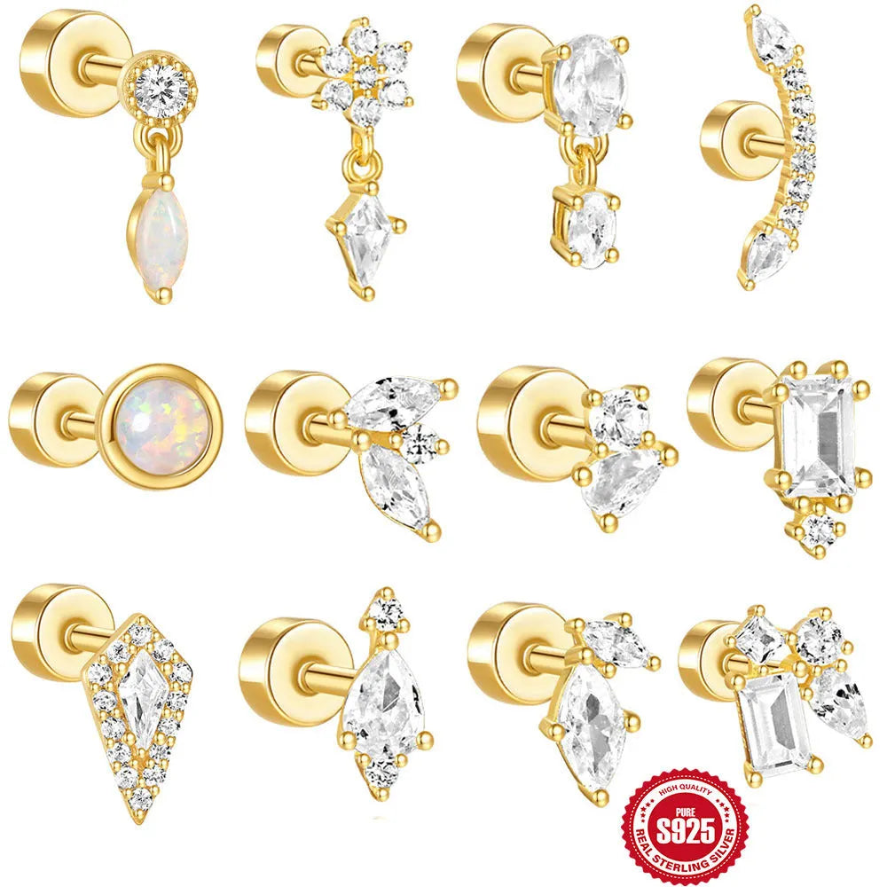 S925 sterling silver flat column thread piercing geometric ear bone studs in gold colours
